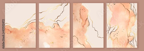 Set of cards, backgrounds with watercolor, ink wash in warm colors. Golden lines, splatters.
