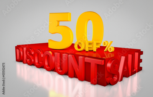 50% Off Discount Sale 3D Text Render in red and yellow colors - 3D Illustration
