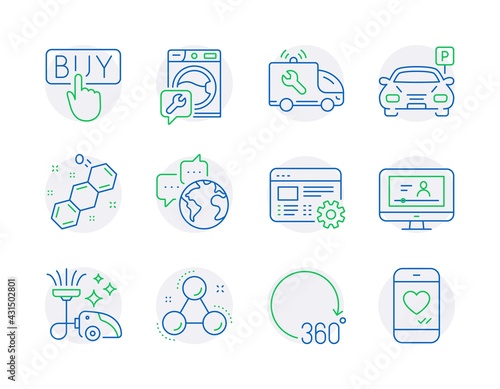 Technology icons set. Included icon as World communication, Vacuum cleaner, Parking signs. Online video, Chemical formula, Chemistry molecule symbols. 360 degrees, Car service, Buying. Vector