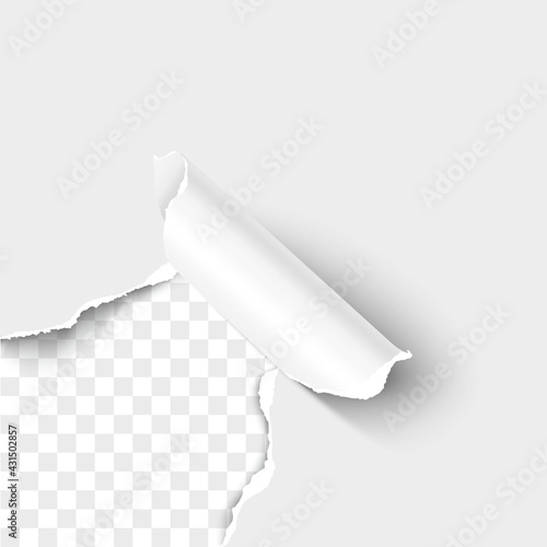Paper corner torn hole lower left corner of white paper sheet with paper curl isolated on transparent background realistic vector illustration
