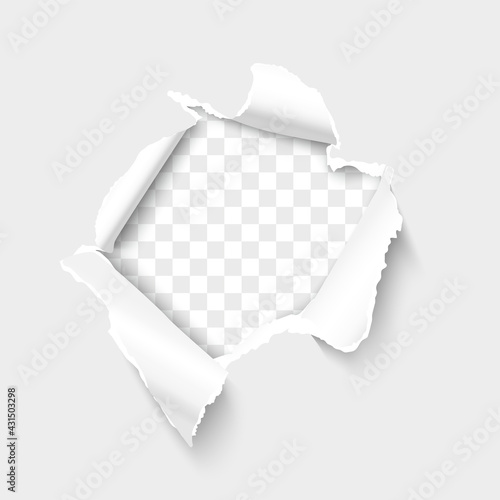 Paper hole. Torn white paper page with ripped edges. Realistic vector illustration