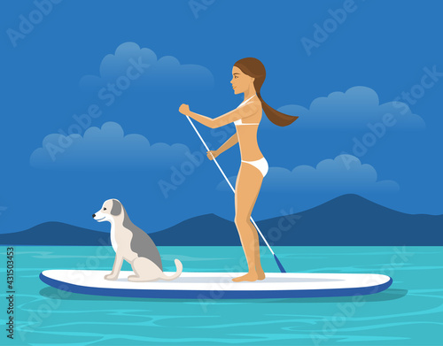 Woman stand up paddling with her dog vector illustration