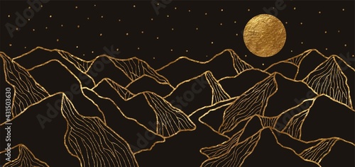 Golden mountains, river, full moon, stars. Luxury landscape wallpaper design with glitter texture on black background. © olechkaart