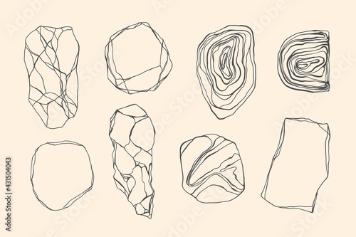 Set of stones with edges, shapes, marble, granite, geodes. Line art style. Black and white grunge crack, curls, waves.