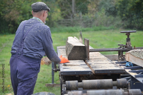 Chopping Wood on vintage wood saw