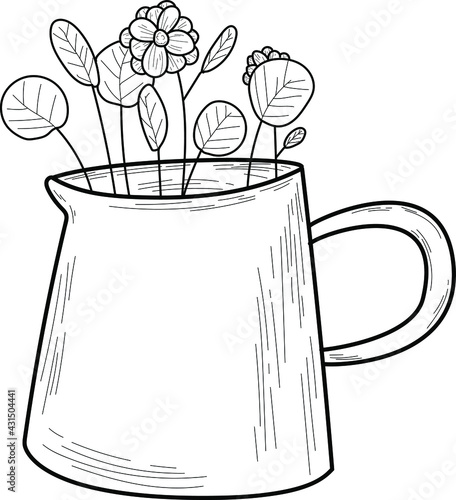 Doodle cute vase with leaves, flowers isolated line. Hand drawn vector illustration coloring. Sketch for a tattoo.