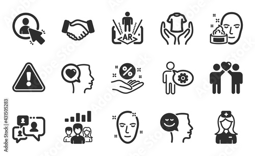 Teamwork results, Handshake and Augmented reality icons simple set. Romantic talk, Hold t-shirt and Health skin signs. Good mood, Loan percent and Cogwheel symbols. Flat icons set. Vector