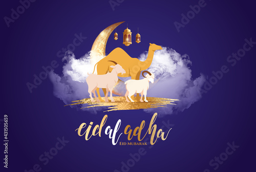 Eid al-Adha vector illustration. Muslim holiday Eid al-Adha. sacrifice ram white and black sheep. graphic design decoration kurban bayrami. month lamb and lamp.Translation from Arabic: Eid al-Adha