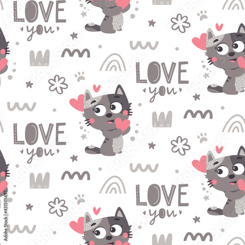 Cats in love cute seamless pattern for Valentine's day with cats, flower, rainbow