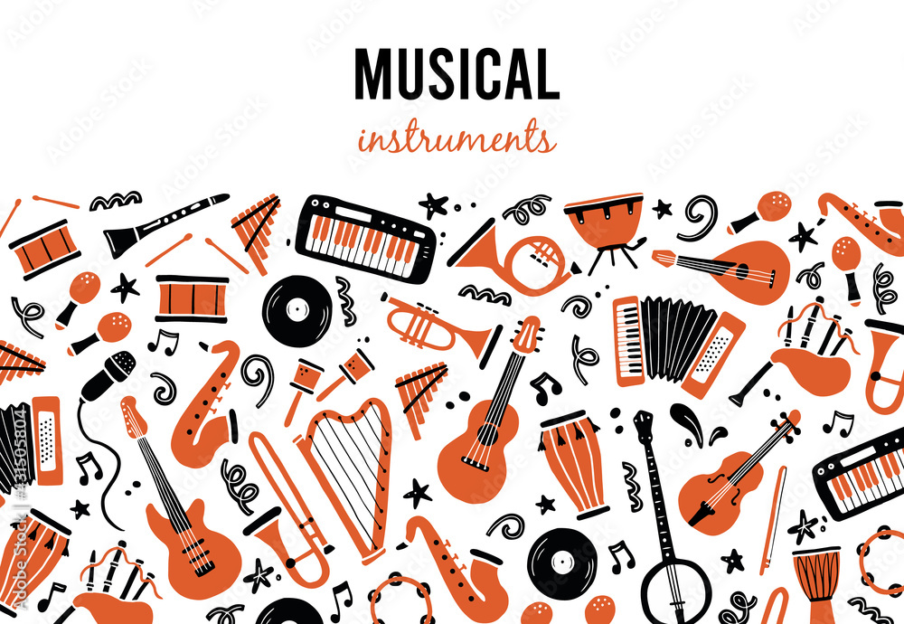 Hand drawn banners template with musical instrument, guitar, saxophone. Doodle sketch style. Vector illustration for music shop, musical instrument banner, music festival flyer, brochure background - obrazy, fototapety, plakaty 
