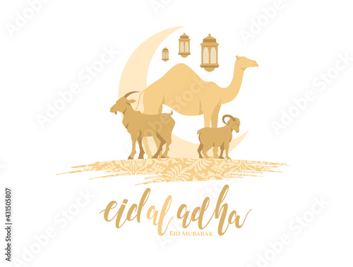 Eid al-Adha vector illustration. Muslim holiday Eid al-Adha. sacrifice ram white and black sheep. graphic design decoration kurban bayrami. month lamb and lamp.Translation from Arabic: Eid al-Adha