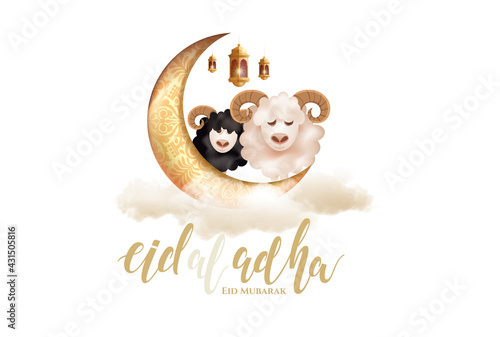 Eid al-Adha vector illustration. Muslim holiday Eid al-Adha. sacrifice ram white and black sheep. graphic design decoration kurban bayrami. month lamb and lamp.Translation from Arabic: Eid al-Adha
