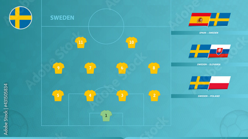 Football team of Sweden with preferred system formation and icon for 3 group games of the European football competition.