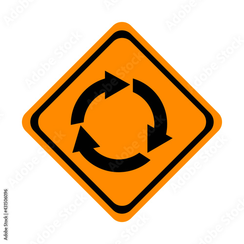 Roundabout ahead traffic sign road, yellow background