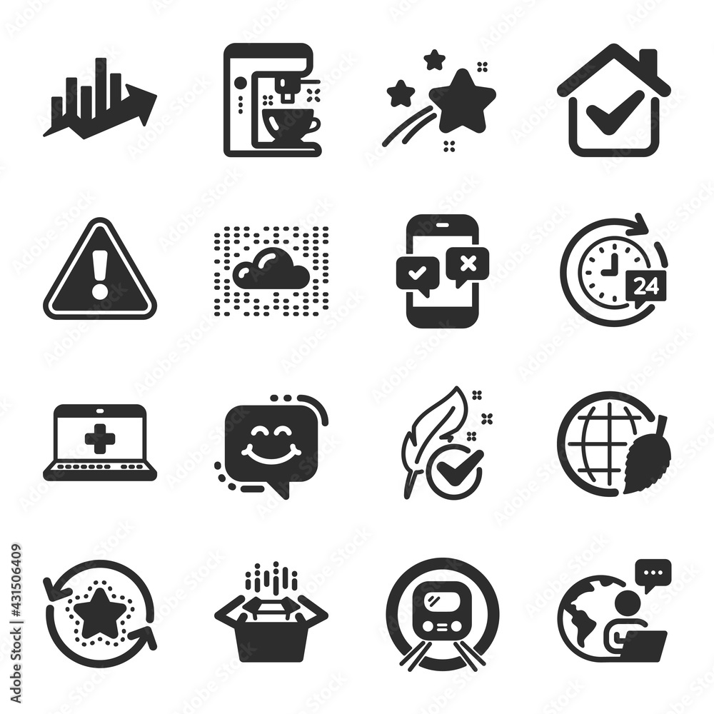 Set of Technology icons, such as Cloud system, Medical help, Loyalty points symbols. Metro subway, Growth chart, Phone survey signs. Smile chat, Hypoallergenic tested, Coffee maker. Vector Set of Technology icons, such as Cloud system, Medical help, Loyalty points symbols. Metro subway, Growth chart, Phone survey signs. Smile chat, Hypoallergenic tested, Coffee maker. Vector