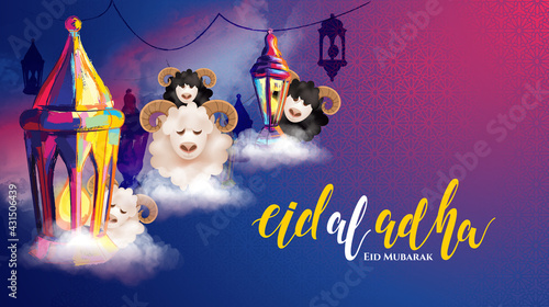 Eid al-Adha vector illustration. Muslim holiday Eid al-Adha. sacrifice ram white and black sheep. graphic design decoration kurban bayrami. month lamb and lamp.Translation from Arabic: Eid al-Adha