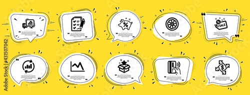 Finance icons set. Speech bubble offer banners. Yellow coupon badge. Included icon as Graph chart, Contactless payment, Sale signs. Loyalty program, Line chart, Payment exchange symbols. Vector