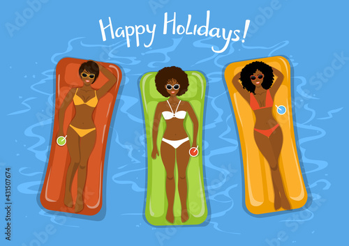 three  African American girlfriends sunbathing swimming on inflatable mattresses in the pool top view from above vector illustration.