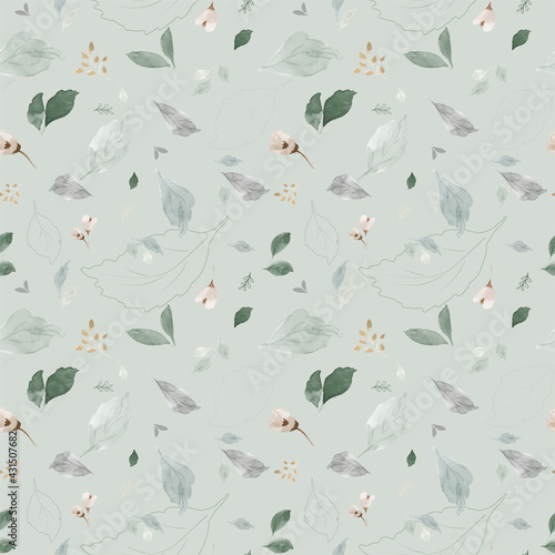 Seamless pattern with watercolor leaves on green background