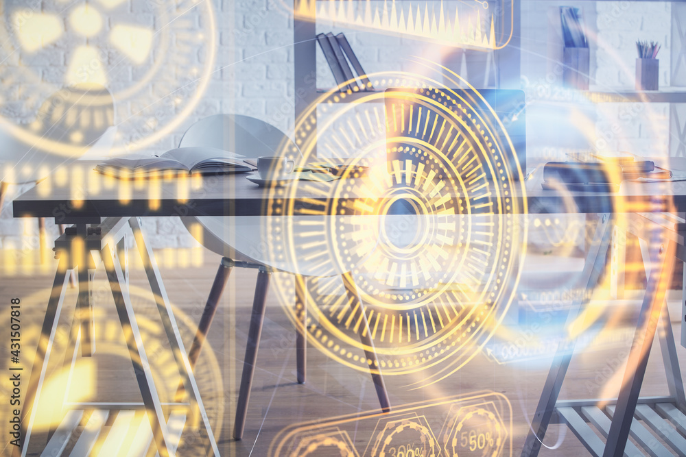 Double exposure of tech theme drawings and office interior background. Technology concept. Double exposure of tech theme drawings and office interior background. Technology concept.