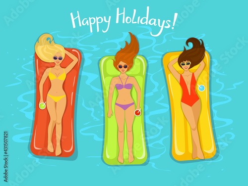 three girlfriends having fun in pool. girls swimming on inflatable mattresses, enjoying summer vacation