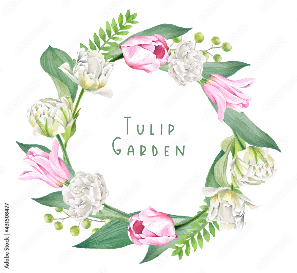 Floral wreath composed of tulips and leaves,