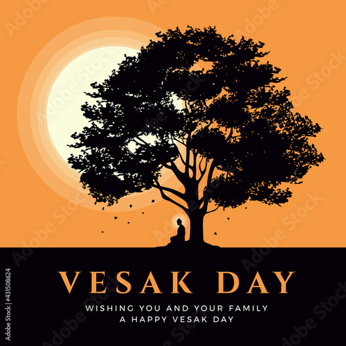 Vesak day banner with Silhouette The Lord Buddha meditated under Bodhi tree on a full moon orange sky night vector design