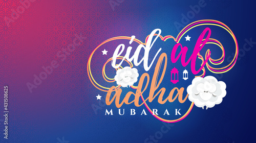 Eid al-Adha vector illustration. Muslim holiday Eid al-Adha. sacrifice ram white and black sheep. graphic design decoration kurban bayrami. month lamb and lamp.Translation from Arabic: Eid al-Adha photo