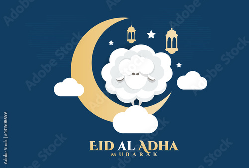 Eid al-Adha vector illustration. Muslim holiday Eid al-Adha. sacrifice ram white and black sheep. graphic design decoration kurban bayrami. month lamb and lamp.Translation from Arabic: Eid al-Adha