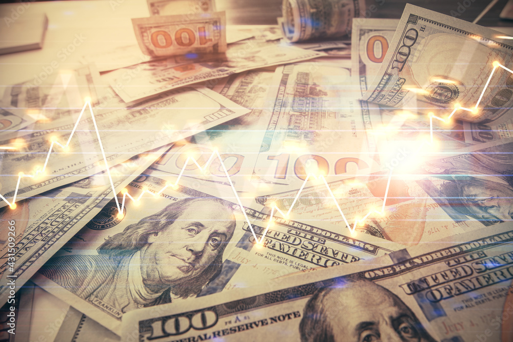 Multi exposure of forex chart drawing over us dollars bill background. Concept of financial success markets. Multi exposure of forex chart drawing over us dollars bill background. Concept of financial success markets.