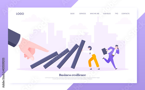 Business resilience or domino effect metaphor vector illustration. Giant hand starts chain reaction of falling domino line and businesswoman trying to stop it. Problem solving stopping chain reaction.