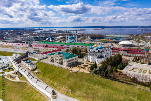 a panoramic view of a large ancient Kremlin-fortress on a sunny day in the old part of Kazan filmed from a drone  © константин константи