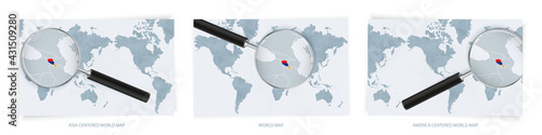 Blue Abstract World Maps with magnifying glass on map of Armenia with the national flag of Armenia. Three version of World Map.