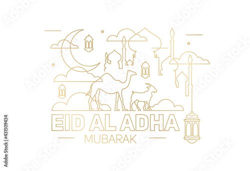 Eid al-Adha vector illustration. Muslim holiday Eid al-Adha. sacrifice ram white and black sheep. graphic design decoration kurban bayrami. month lamb and lamp.Translation from Arabic: Eid al-Adha