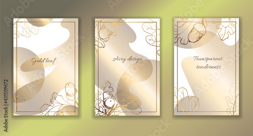 Gold leaves. A set of beautiful designs. Floral design wedding invitation template, golden flowers acorns with oak leaves.