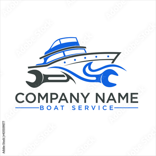 simple illustration of boat and wrench, logo template for boat mechanic or auto marine garage.