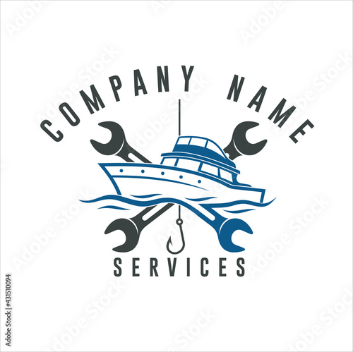illustration of Sport fishing boat and wrench, logo template for Sport fishing boats service and maintenance.