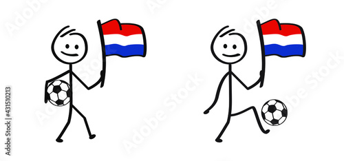 Cartoon stickman with the flag of the Netherlands and football. Stick figure man with soccer ball. Funny vector sport icon. World sport finale or school game cup. Dutch or Holland sign.
