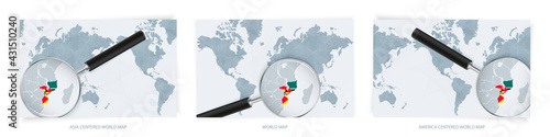 Blue Abstract World Maps with magnifying glass on map of Mozambique with the national flag of Mozambique. Three version of World Map.