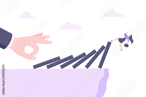 Domino effect or business crisis metaphor vector illustration concept. Adult young businesswoman falls down from hand falling domino line business concept problem solving and danger chain reaction.