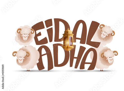 Eid al-Adha vector illustration. Muslim holiday Eid al-Adha. sacrifice ram white and black sheep. graphic design decoration kurban bayrami. month lamb and lamp.Translation from Arabic: Eid al-Adha
