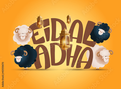 Eid al-Adha vector illustration. Muslim holiday Eid al-Adha. sacrifice ram white and black sheep. graphic design decoration kurban bayrami. month lamb and lamp.Translation from Arabic: Eid al-Adha