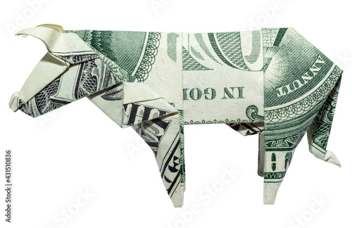 Money Origami Profile View of COW Left Side Folded with Real One Dollar Bill Isolated on White Background