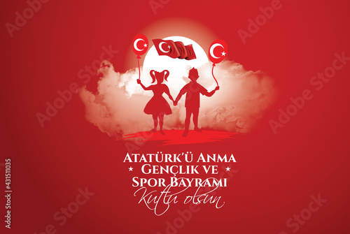 19 mayis Ataturk'u Anma, Genclik ve Spor Bayramiz , translation: 19 may Commemoration of Ataturk, Youth and Sports Day, graphic design to the Turkish holiday, children logo. vector illustration 