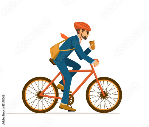 Cool male businessman  riding bicycle to office, drinking coffee on the way. Eco friendly trendy city bike to work. Isolated vector illustration