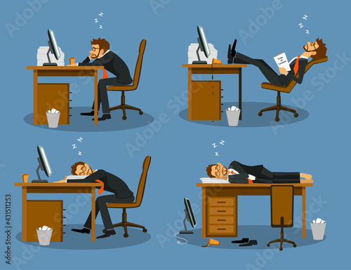 Businessman bored tired exhausted sleeping in the office scene Set. Humor office life