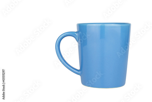 Blue ceramic mug cup with clipping path on white background for Mockup advertising concepts