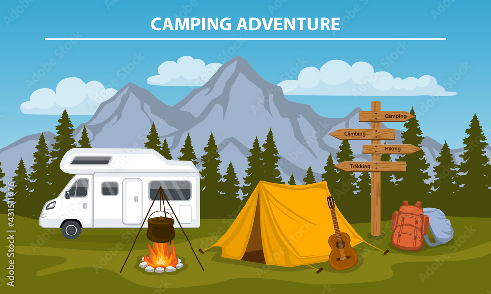 Campsite with  camping tent, rocky mountains, pine forest, guitar, pot, campfire, hiking backpacks , directional sign, caravan . outdoor tourism scene - obrazy, fototapety, plakaty 