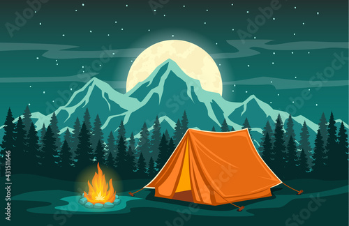 Family adventure camping evening scene.  Tent, campfire, pine forest and rocky mountains background, starry night sky with moonlight