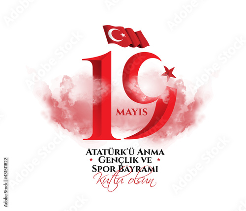 19 mayis Ataturk'u Anma, Genclik ve Spor Bayramiz , translation: 19 may Commemoration of Ataturk, Youth and Sports Day, graphic design to the Turkish holiday, children logo. vector illustration 